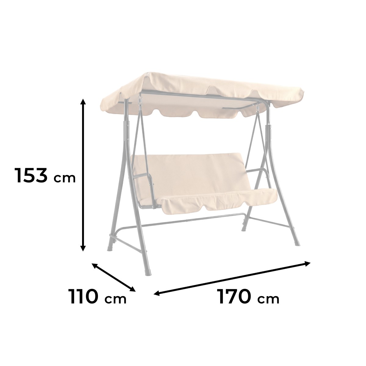Wymiary całkowite: 170 x 110 x 153 cm Szerokość 170 cm - wygodne siedzisko dla 3 osób Głębokość 110 cm - stabilna podstawa Wysokość 153 cm - komfort użytkowania i optymalna osłona daszka.